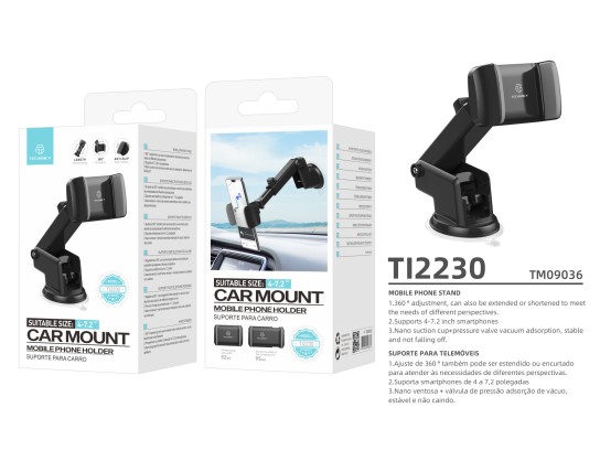 Techancy TI2230 Suporte de Telemovel para Carro, Rota��o 360�, BraCo Extens�vel, Ventosa Antidesliza