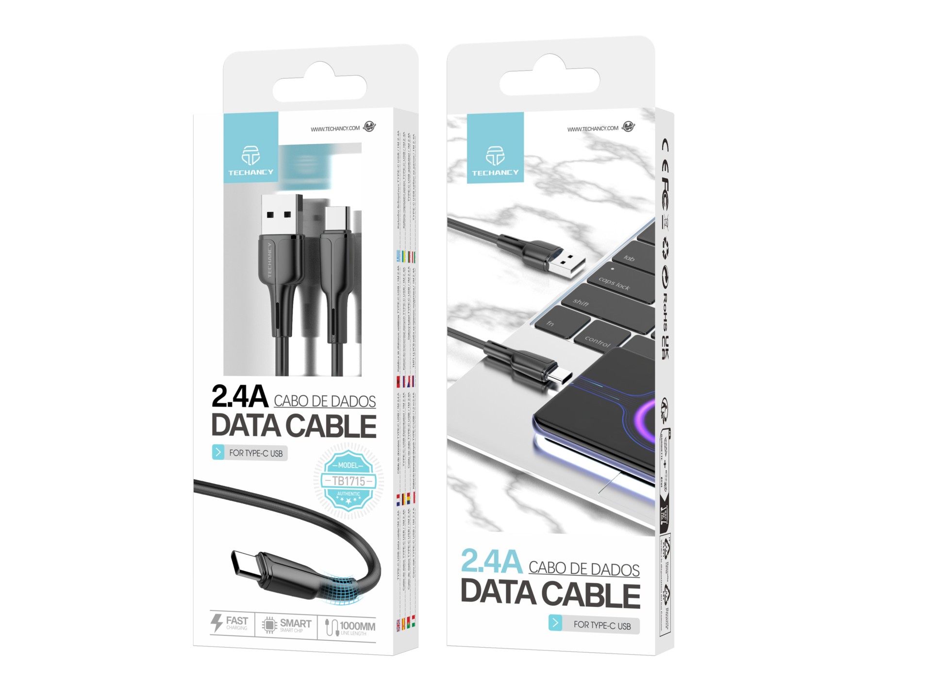 Techancy Pvc Datenkabel 1M Typ-C 2.4A TB1715 Schwarz Techancy Pvc Datenkabel 1M Typ-C 2.4A TB1715 Schwarz