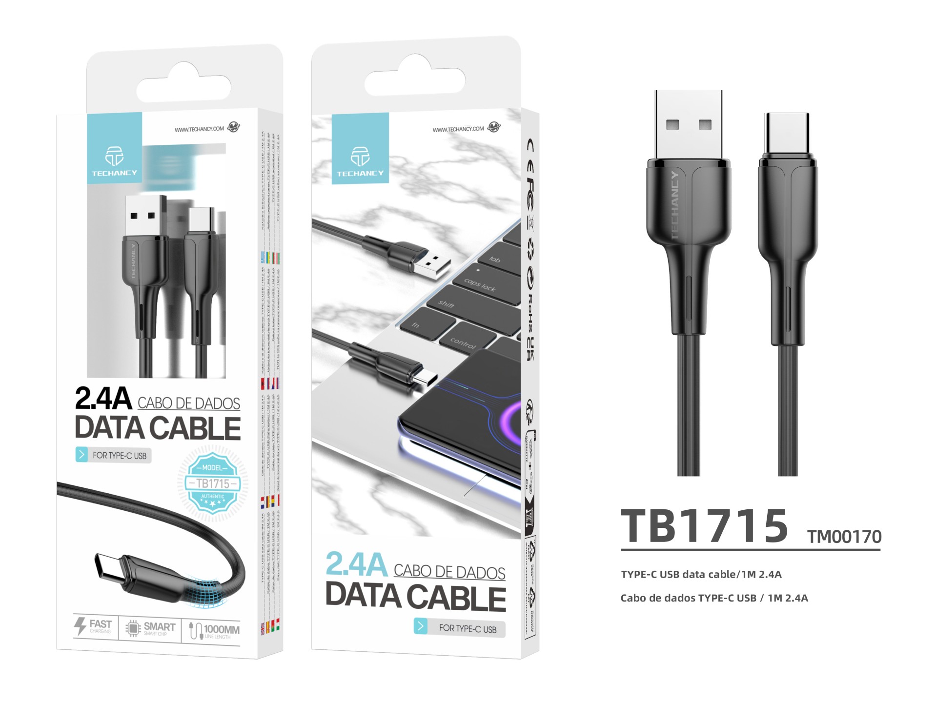 Techancy Pvc Datenkabel 1M Typ-C 2.4A TB1715 Schwarz Techancy Pvc Datenkabel 1M Typ-C 2.4A TB1715 Schwarz