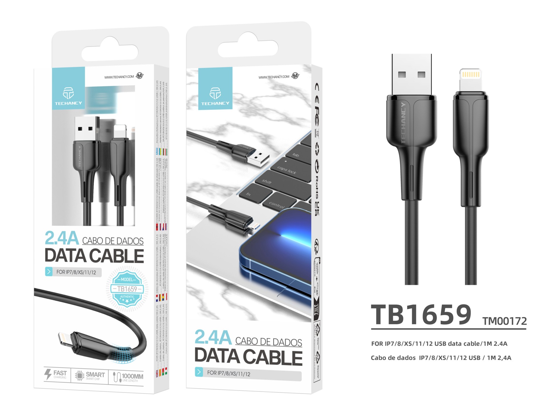 Techancy TB1659 USB-Datenkabel 2,4 A, Schwarz, kompatibel mit iPhone 7/8/X/XS/11/12, 1 m Kabel, Schn Techancy TB1659 USB-Datenkabel 2,4 A, Schwarz, kompatibel mit iPhone 7/8/X/XS/11/12, 1 m Kabel, Schn