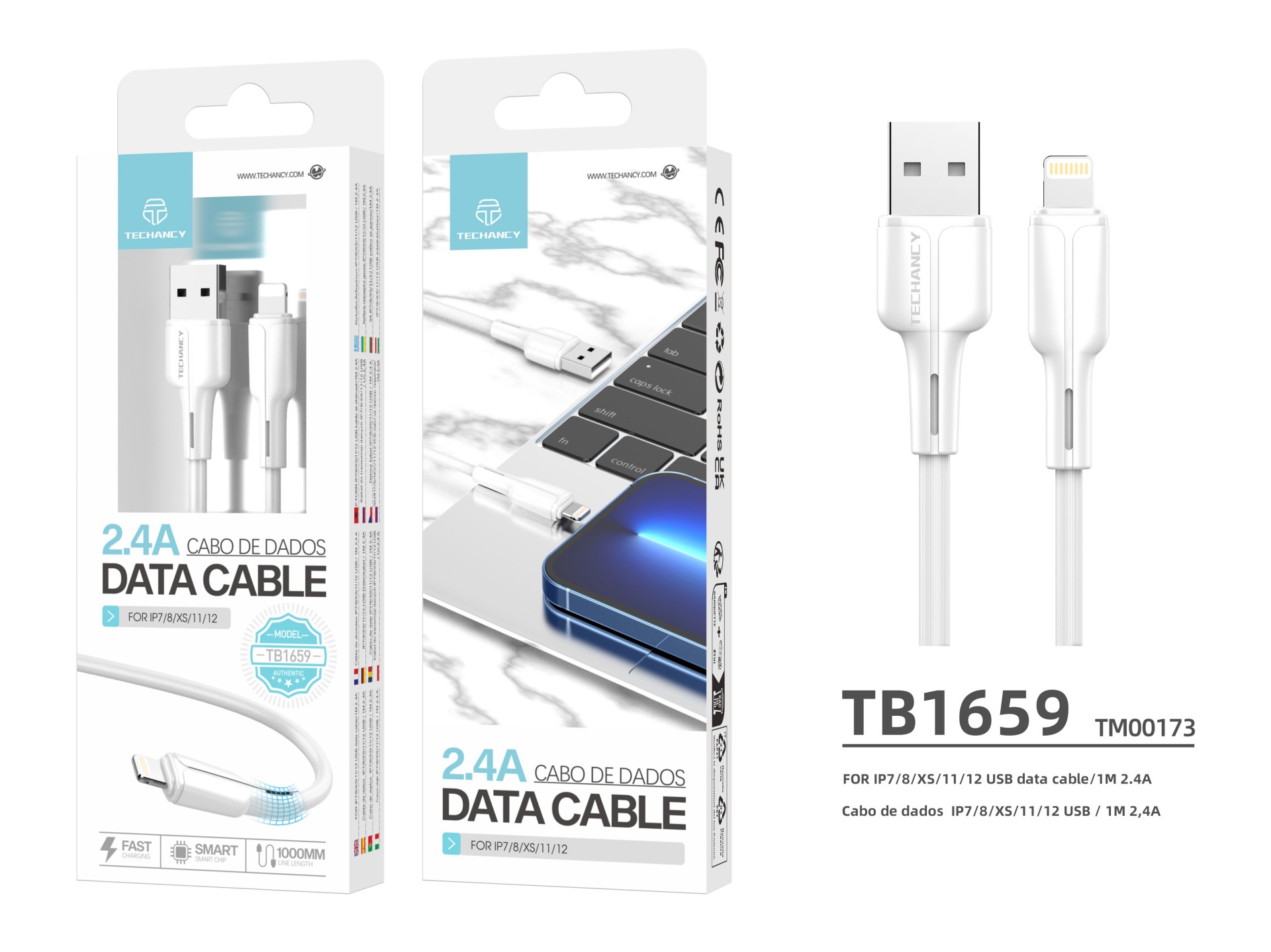 Techancy Pvc Datenkabel 1M Lightning 2.4A TB1659 Weiß Techancy Pvc Datenkabel 1M Lightning 2.4A TB1659 Weiß