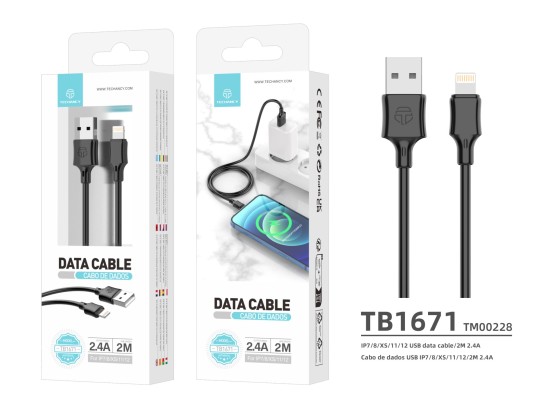 Cable de datos de PVC 2M Lightning Negro 2.4A Cable de datos de PVC 2M Lightning Negro 2.4A