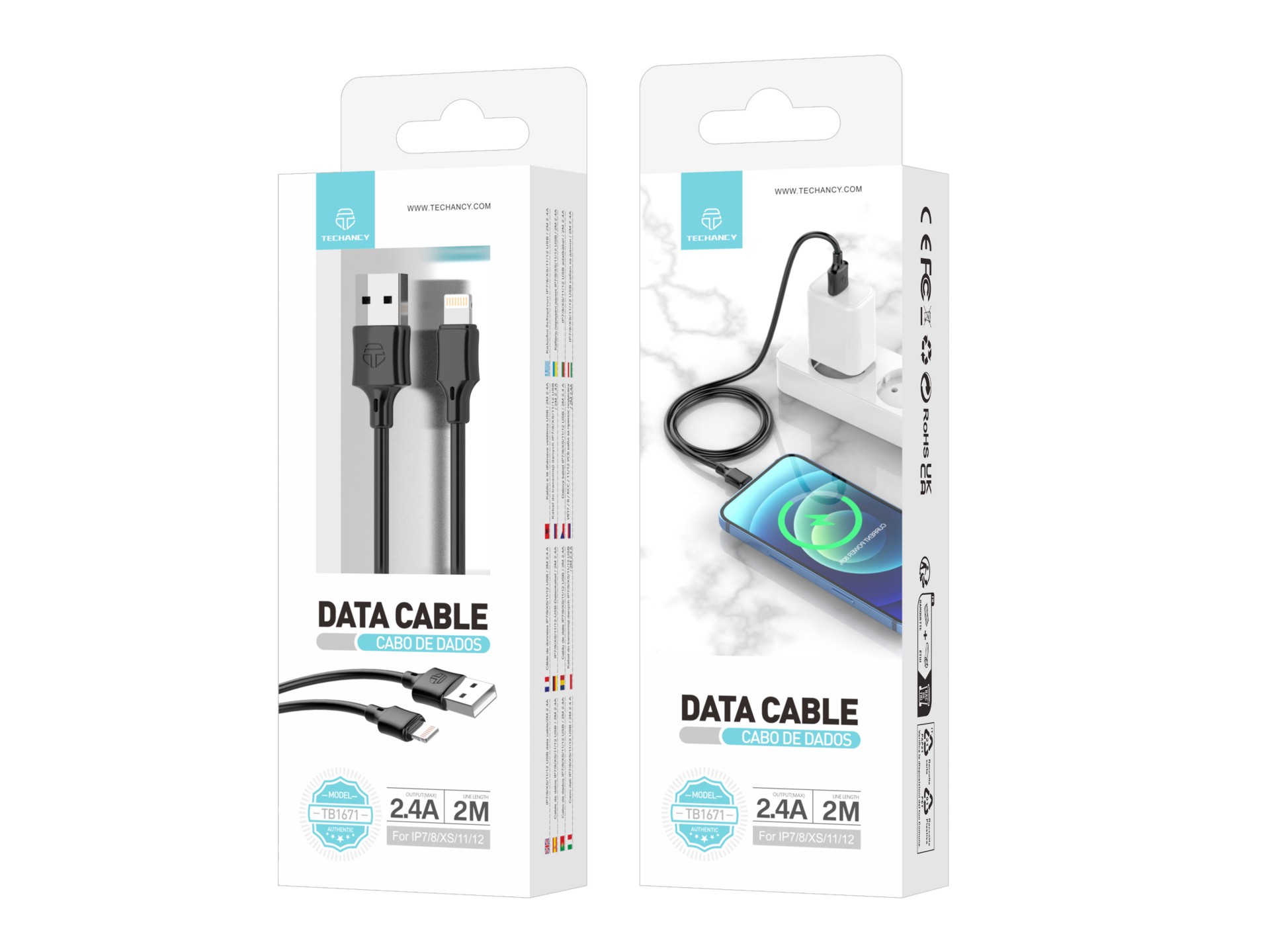Cable de datos de PVC 2M Lightning Negro 2.4A Cable de datos de PVC 2M Lightning Negro 2.4A