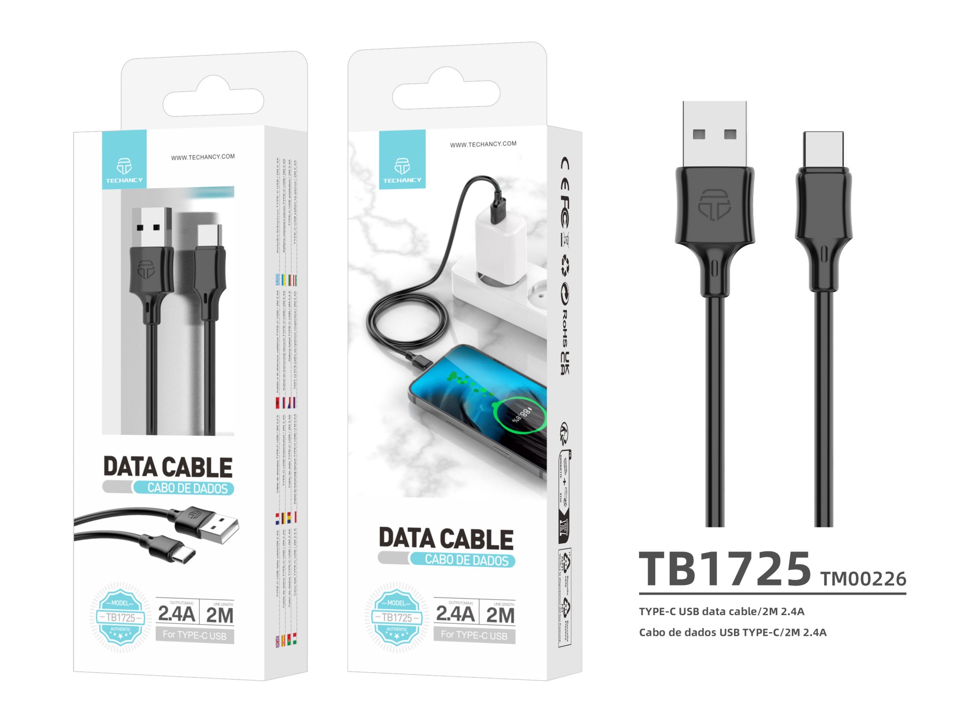 Typ-C Datenkabel 2M Schwarz 2.4A Typ-C Datenkabel 2M Schwarz 2.4A