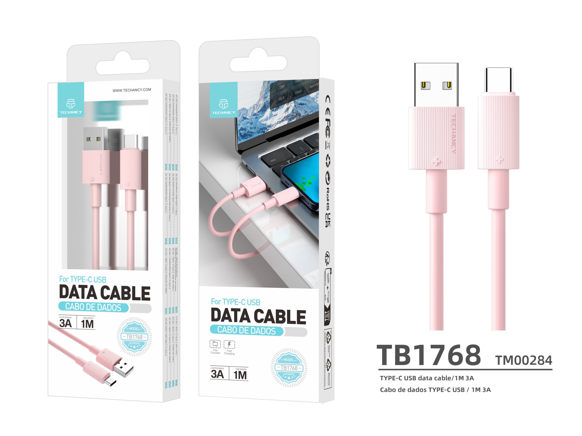 Techancy TB1768 TYPE-C Data Cable, Pink, Compatible with USB-C Devices, 1M Cable, 3A Fast Charging a Techancy TB1768 TYPE-C Data Cable, Pink, Compatible with USB-C Devices, 1M Cable, 3A Fast Charging a