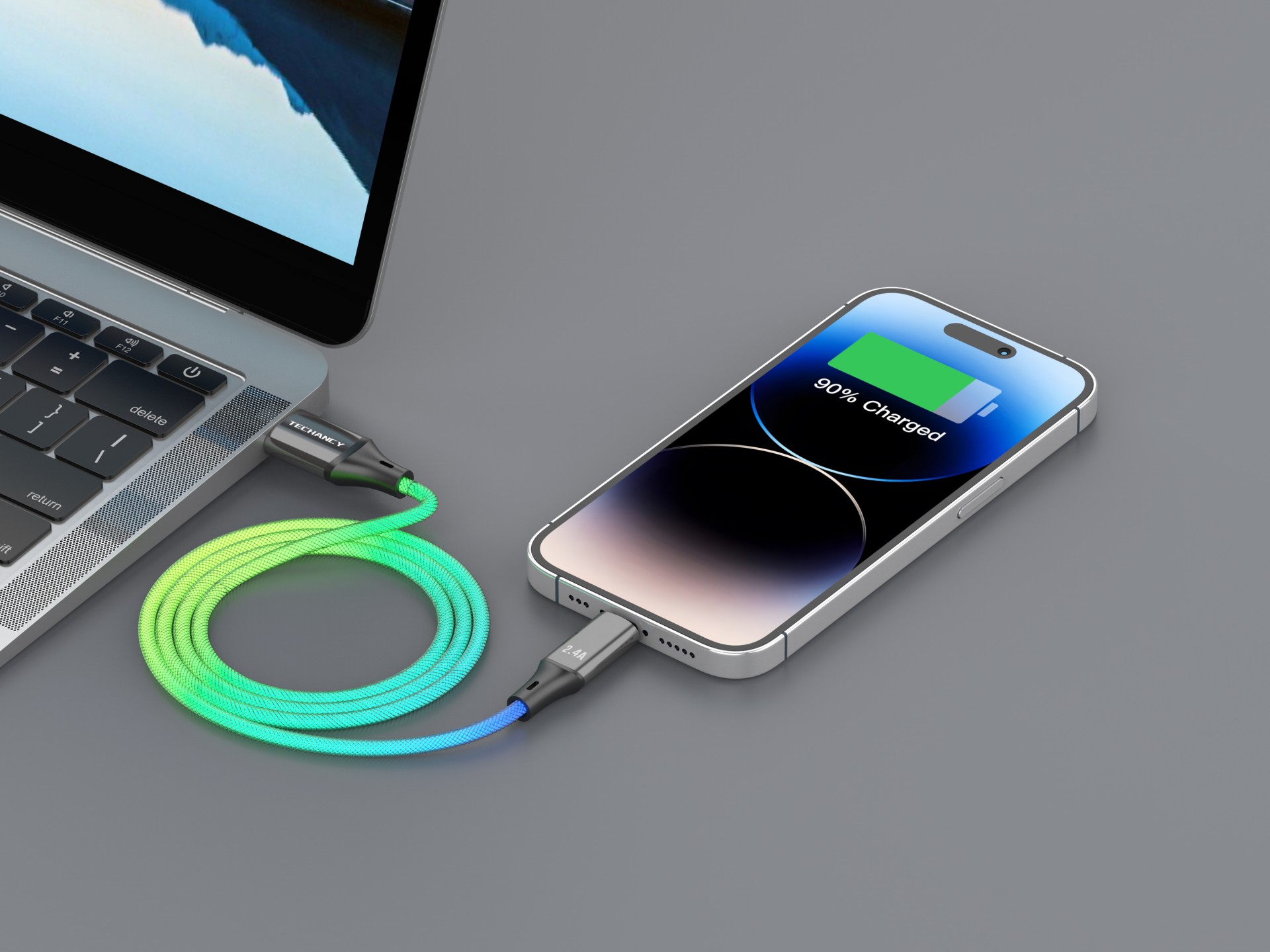 Techancy TB1781 2.4A Data Cable, 7 Colour RGB Light, 1M, IP8/X/11/12/13/14/15 Compatible, Fast Charg Techancy TB1781 2.4A Data Cable, 7 Colour RGB Light, 1M, IP8/X/11/12/13/14/15 Compatible, Fast Charg