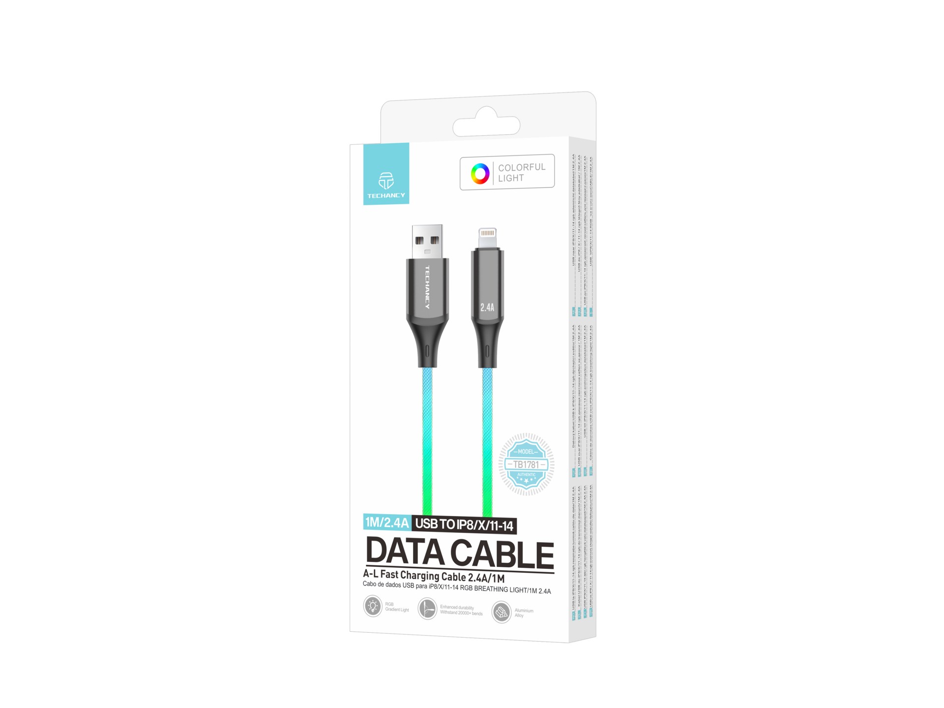 Techancy TB1781 2.4A Data Cable, 7 Colour RGB Light, 1M, IP8/X/11/12/13/14/15 Compatible, Fast Charg Techancy TB1781 2.4A Data Cable, 7 Colour RGB Light, 1M, IP8/X/11/12/13/14/15 Compatible, Fast Charg