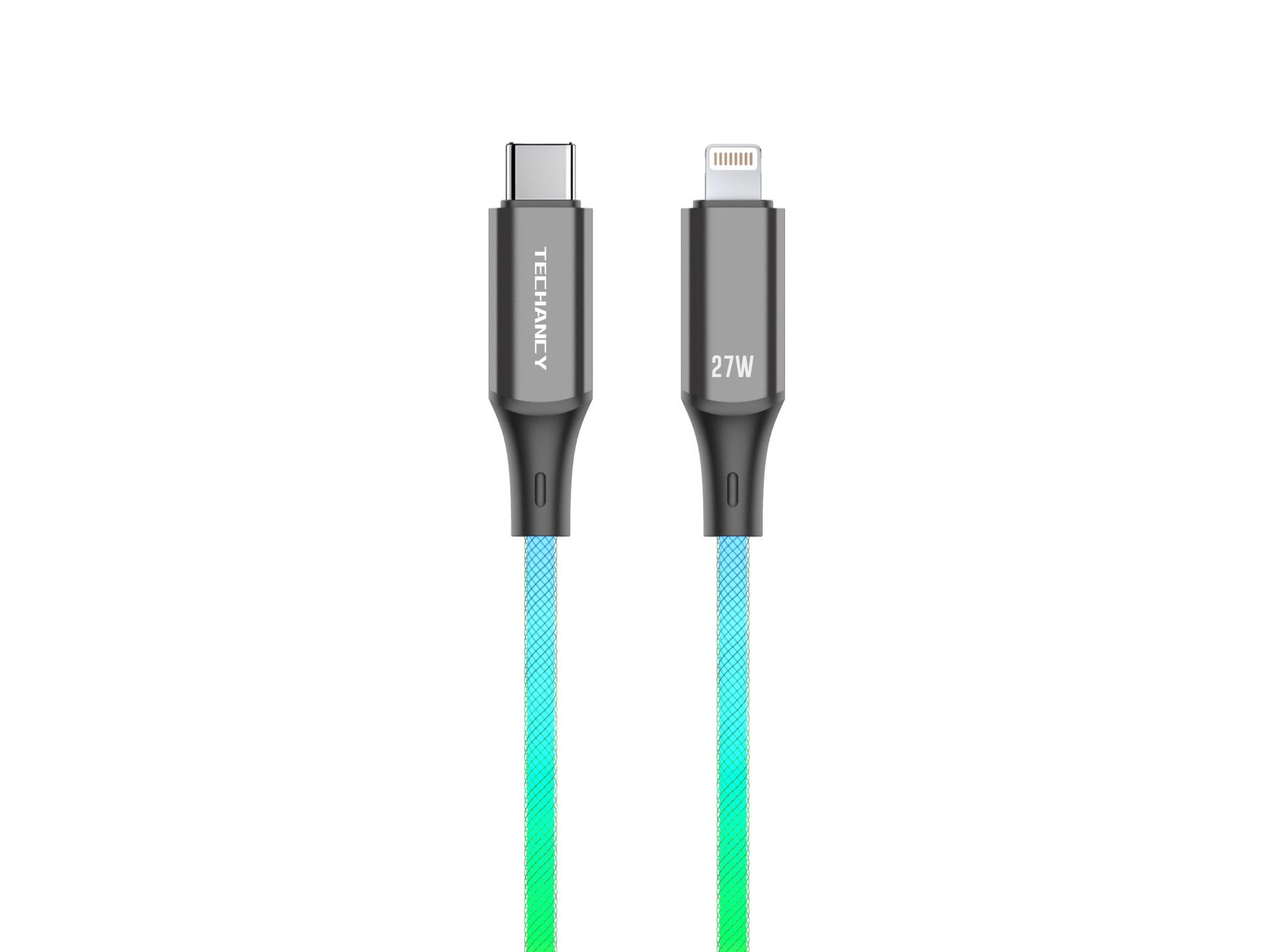 Techancy TB1799 Cabo de dados, 1 metro, 27W, USB-C para iPhone8/X/11 - 14. Luz RGB gradiente de 7 co Techancy TB1799 Cabo de dados, 1 metro, 27W, USB-C para iPhone8/X/11 - 14. Luz RGB gradiente de 7 co