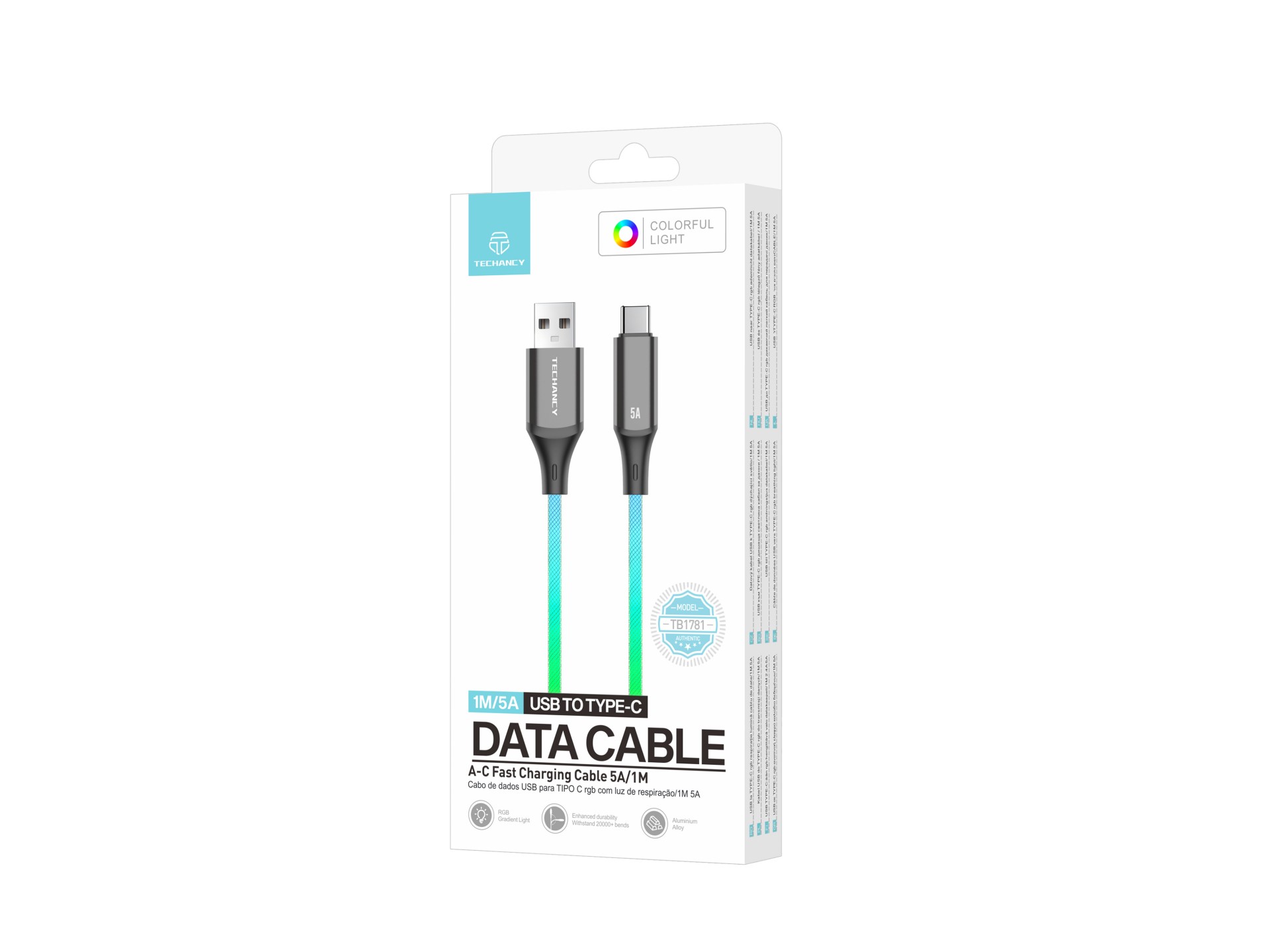 Techancy TB1781 Data Cable 5A, 7 Colour RGB Light, 1M, USB to TYPE-C, Compatible with Android Smartp Techancy TB1781 Data Cable 5A, 7 Colour RGB Light, 1M, USB to TYPE-C, Compatible with Android Smartp