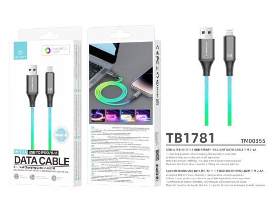 Techancy TB1781 2.4A Data Cable, 7 Colour RGB Light, 1M, IP8/X/11/12/13/14/15 Compatible, Fast Charg Techancy TB1781 2.4A Data Cable, 7 Colour RGB Light, 1M, IP8/X/11/12/13/14/15 Compatible, Fast Charg
