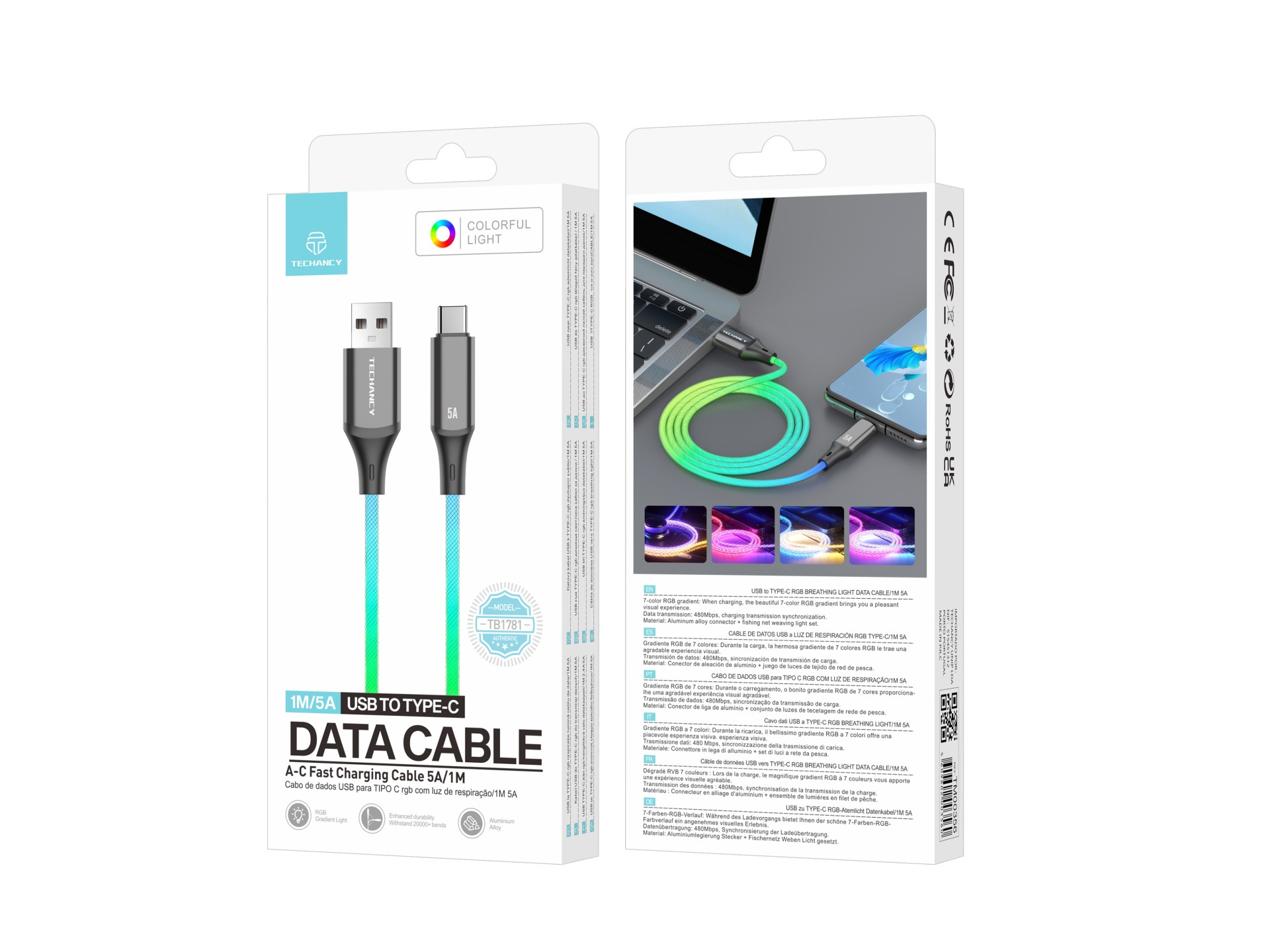 Techancy TB1781 Data Cable 5A, 7 Colour RGB Light, 1M, USB to TYPE-C, Compatible with Android Smartp Techancy TB1781 Data Cable 5A, 7 Colour RGB Light, 1M, USB to TYPE-C, Compatible with Android Smartp
