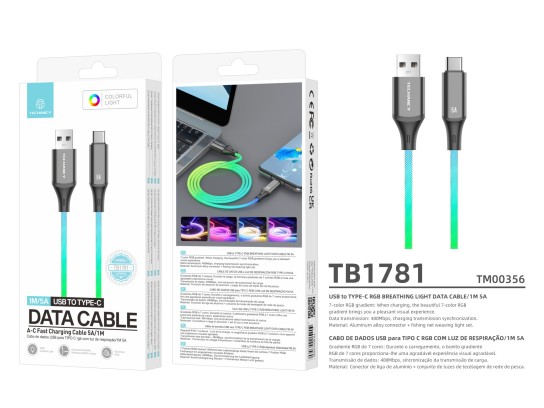 Techancy TB1781 Data Cable 5A, 7 Colour RGB Light, 1M, USB to TYPE-C, Compatible with Android Smartp Techancy TB1781 Data Cable 5A, 7 Colour RGB Light, 1M, USB to TYPE-C, Compatible with Android Smartp