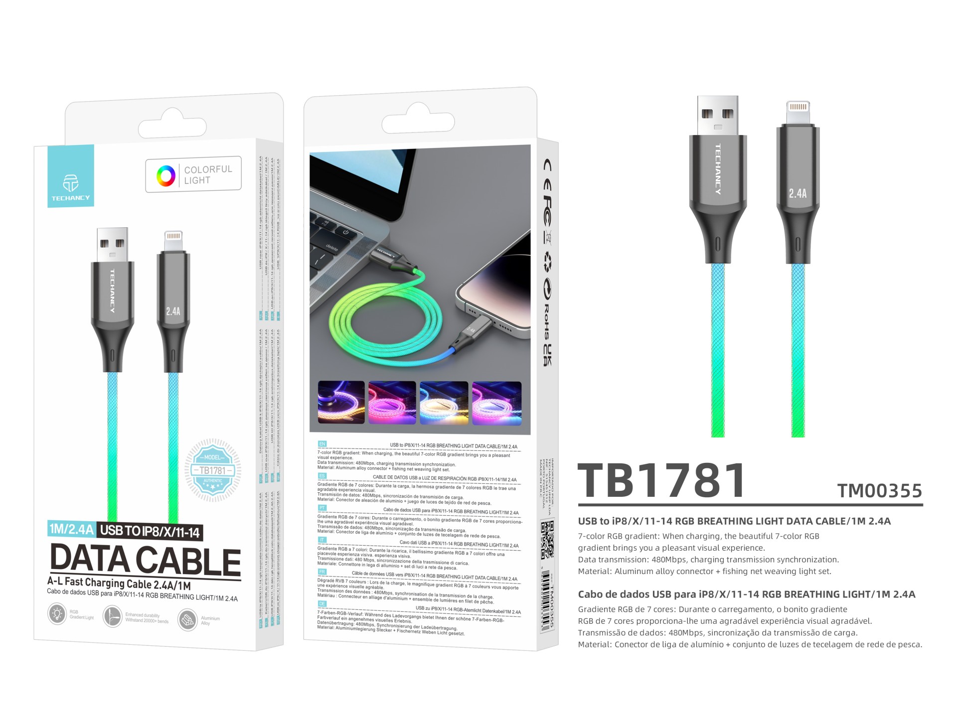 Techancy TB1781 2.4A Data Cable, 7 Colour RGB Light, 1M, IP8/X/11/12/13/14/15 Compatible, Fast Charg Techancy TB1781 2.4A Data Cable, 7 Colour RGB Light, 1M, IP8/X/11/12/13/14/15 Compatible, Fast Charg