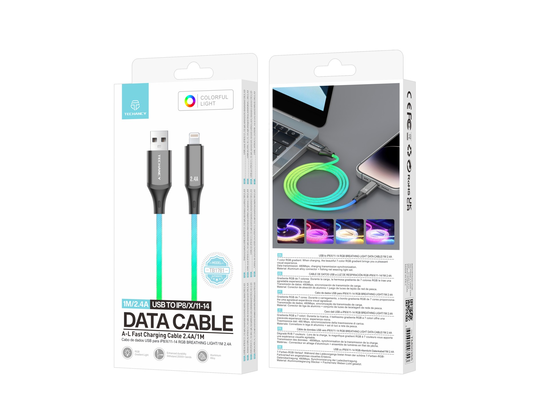 Techancy TB1781 2.4A Data Cable, 7 Colour RGB Light, 1M, IP8/X/11/12/13/14/15 Compatible, Fast Charg Techancy TB1781 2.4A Data Cable, 7 Colour RGB Light, 1M, IP8/X/11/12/13/14/15 Compatible, Fast Charg