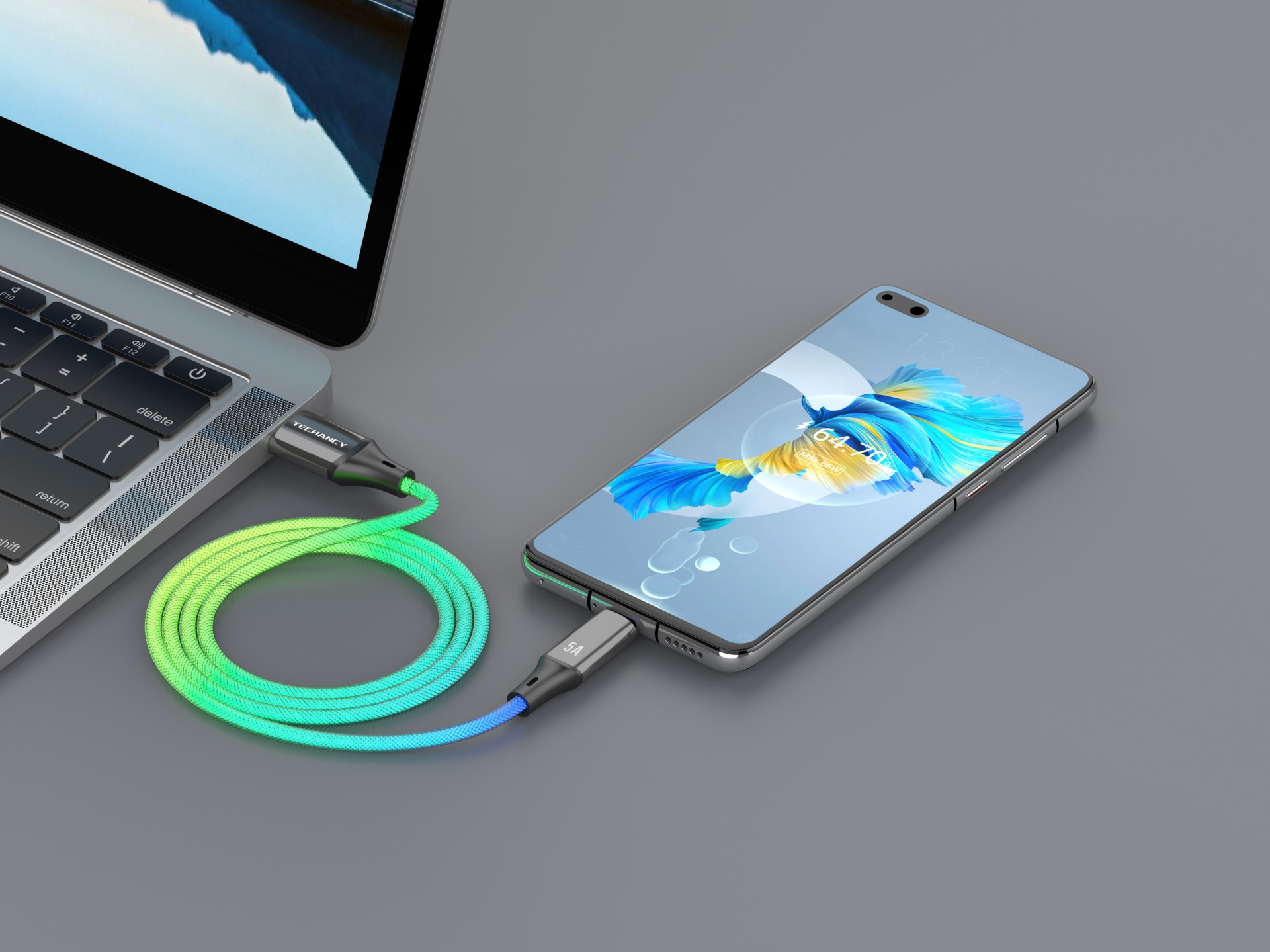 Techancy TB1781 Data Cable 5A, 7 Colour RGB Light, 1M, USB to TYPE-C, Compatible with Android Smartp Techancy TB1781 Data Cable 5A, 7 Colour RGB Light, 1M, USB to TYPE-C, Compatible with Android Smartp