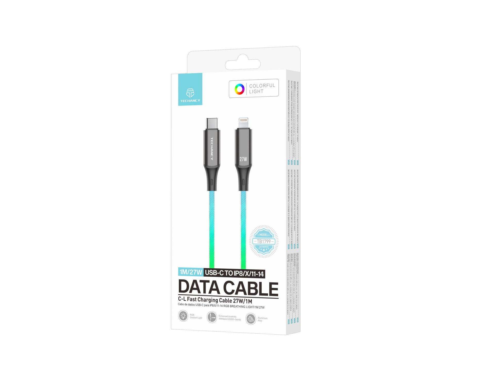 Techancy TB1799 Cabo de dados, 1 metro, 27W, USB-C para iPhone8/X/11 - 14. Luz RGB gradiente de 7 co Techancy TB1799 Cabo de dados, 1 metro, 27W, USB-C para iPhone8/X/11 - 14. Luz RGB gradiente de 7 co