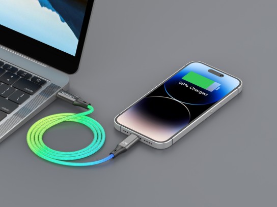 Techancy TB1799 Cabo de dados, 1 metro, 27W, USB-C para iPhone8/X/11 - 14. Luz RGB gradiente de 7 co Techancy TB1799 Cabo de dados, 1 metro, 27W, USB-C para iPhone8/X/11 - 14. Luz RGB gradiente de 7 co