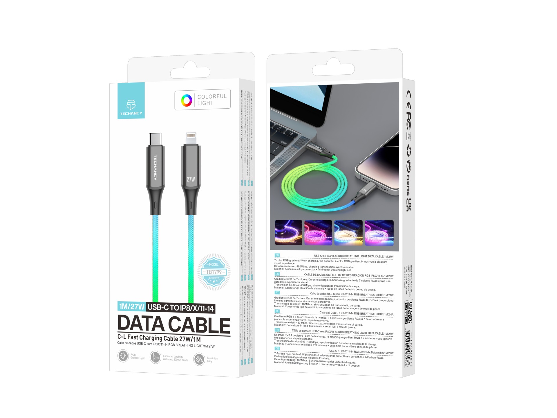 Techancy TB1799 Cabo de dados, 1 metro, 27W, USB-C para iPhone8/X/11 - 14. Luz RGB gradiente de 7 co Techancy TB1799 Cabo de dados, 1 metro, 27W, USB-C para iPhone8/X/11 - 14. Luz RGB gradiente de 7 co