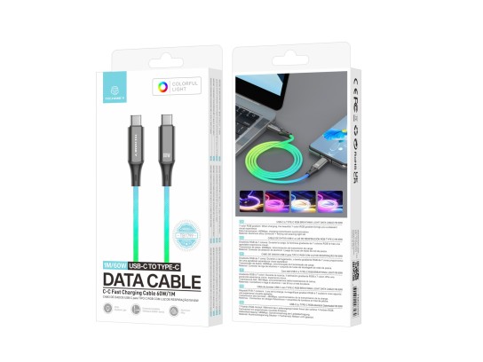 Techancy TB1799 USB-C to TYPE-C data cable, 1 metre, 60W, 7-colour gradient RGB light, 480Mbps data 