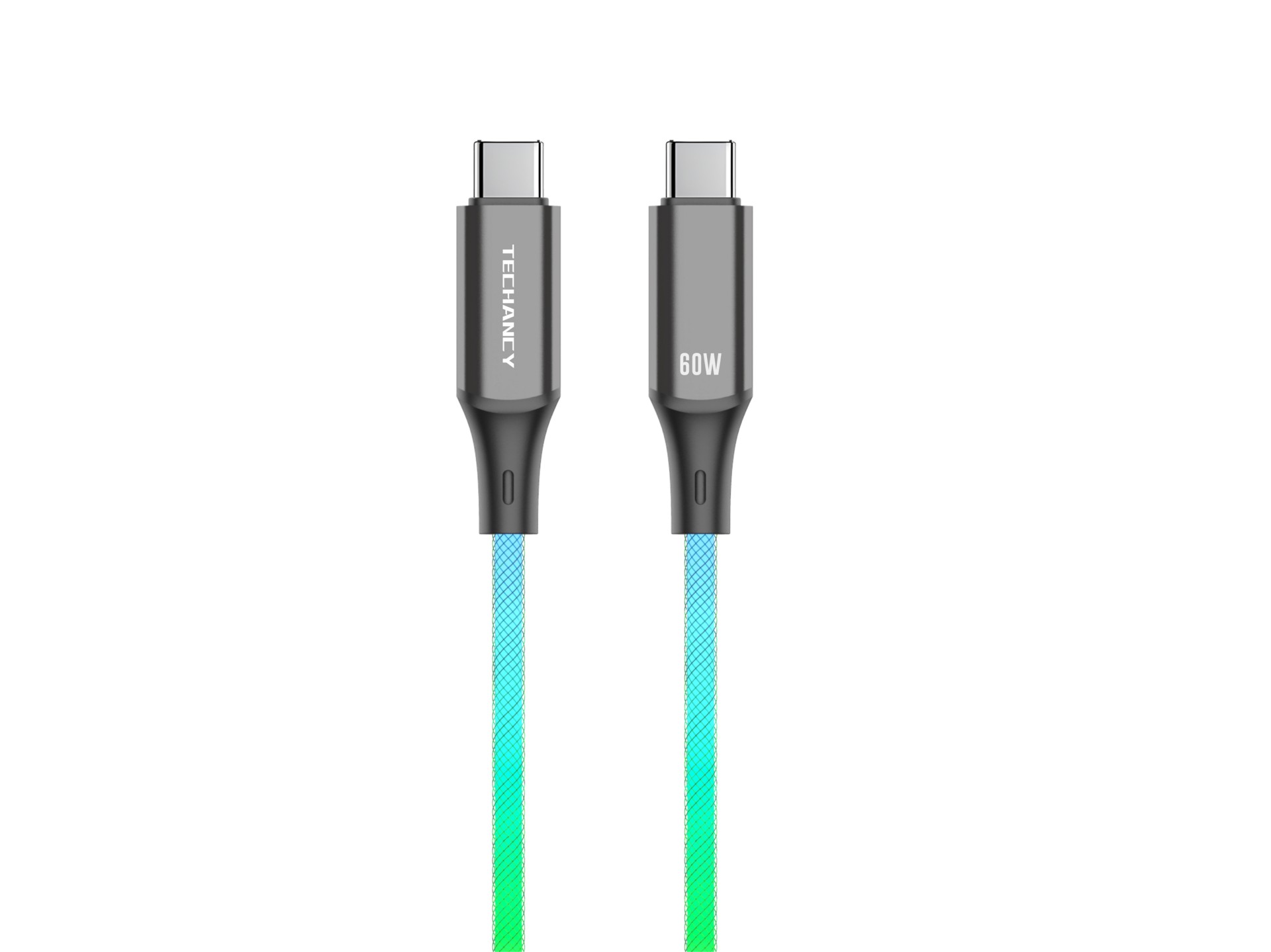 Techancy TB1799 USB-C to TYPE-C data cable, 1 metre, 60W, 7-colour gradient RGB light, 480Mbps data 