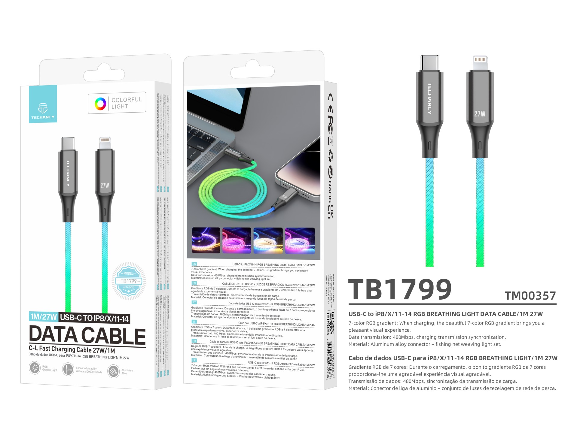 Techancy TB1799 Cabo de dados, 1 metro, 27W, USB-C para iPhone8/X/11 - 14. Luz RGB gradiente de 7 co Techancy TB1799 Cabo de dados, 1 metro, 27W, USB-C para iPhone8/X/11 - 14. Luz RGB gradiente de 7 co