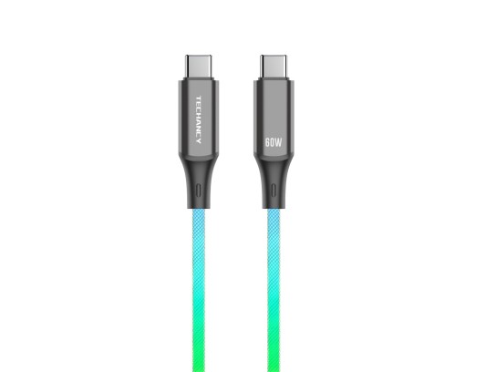 Techancy TB1799 USB-C to TYPE-C data cable, 1 metre, 60W, 7-colour gradient RGB light, 480Mbps data 