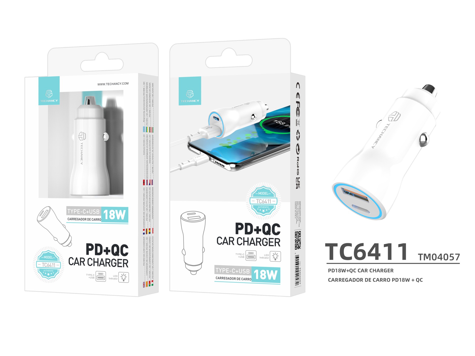 Techancy TC6411 Carregador de Carro 18W Branco Dupla Saída PD+QC Compatível com Carros e Caminhões C Techancy TC6411 Carregador de Carro 18W Branco Dupla Saída PD+QC Compatível com Carros e Caminhões C