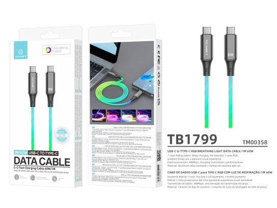 Techancy TB1799 USB-C to TYPE-C data cable, 1 metre, 60W, 7-colour gradient RGB light, 480Mbps data 