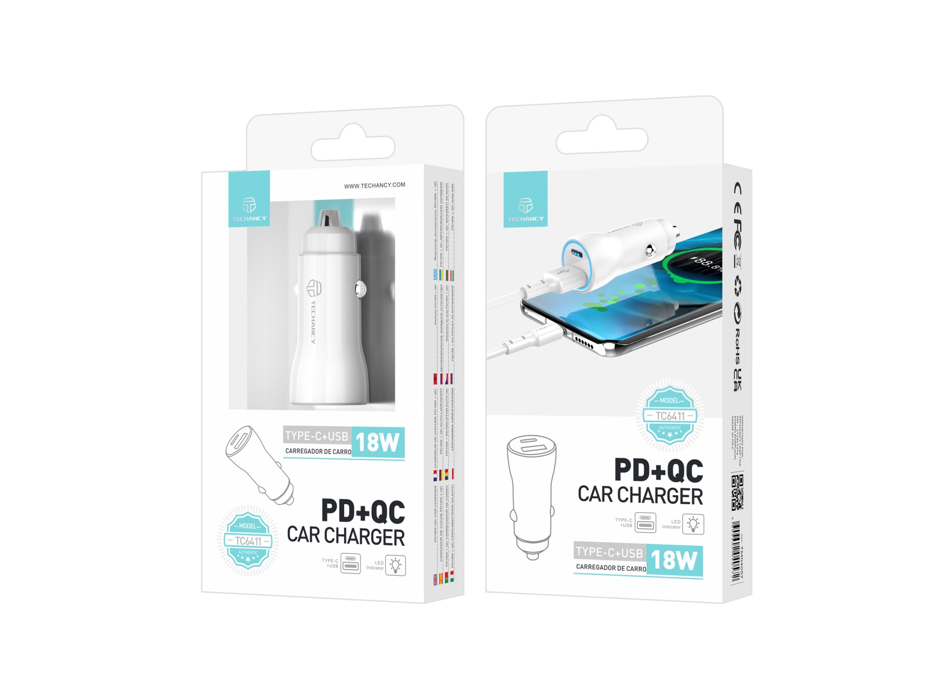 Techancy TC6411 Carregador de Carro 18W Branco Dupla Saída PD+QC Compatível com Carros e Caminhões C Techancy TC6411 Carregador de Carro 18W Branco Dupla Saída PD+QC Compatível com Carros e Caminhões C