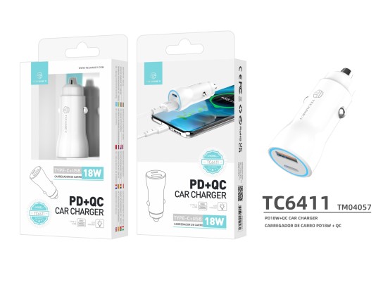 Techancy TC6411 Carregador de Carro 18W Branco Dupla Saída PD+QC Compatível com Carros e Caminhões C Techancy TC6411 Carregador de Carro 18W Branco Dupla Saída PD+QC Compatível com Carros e Caminhões C