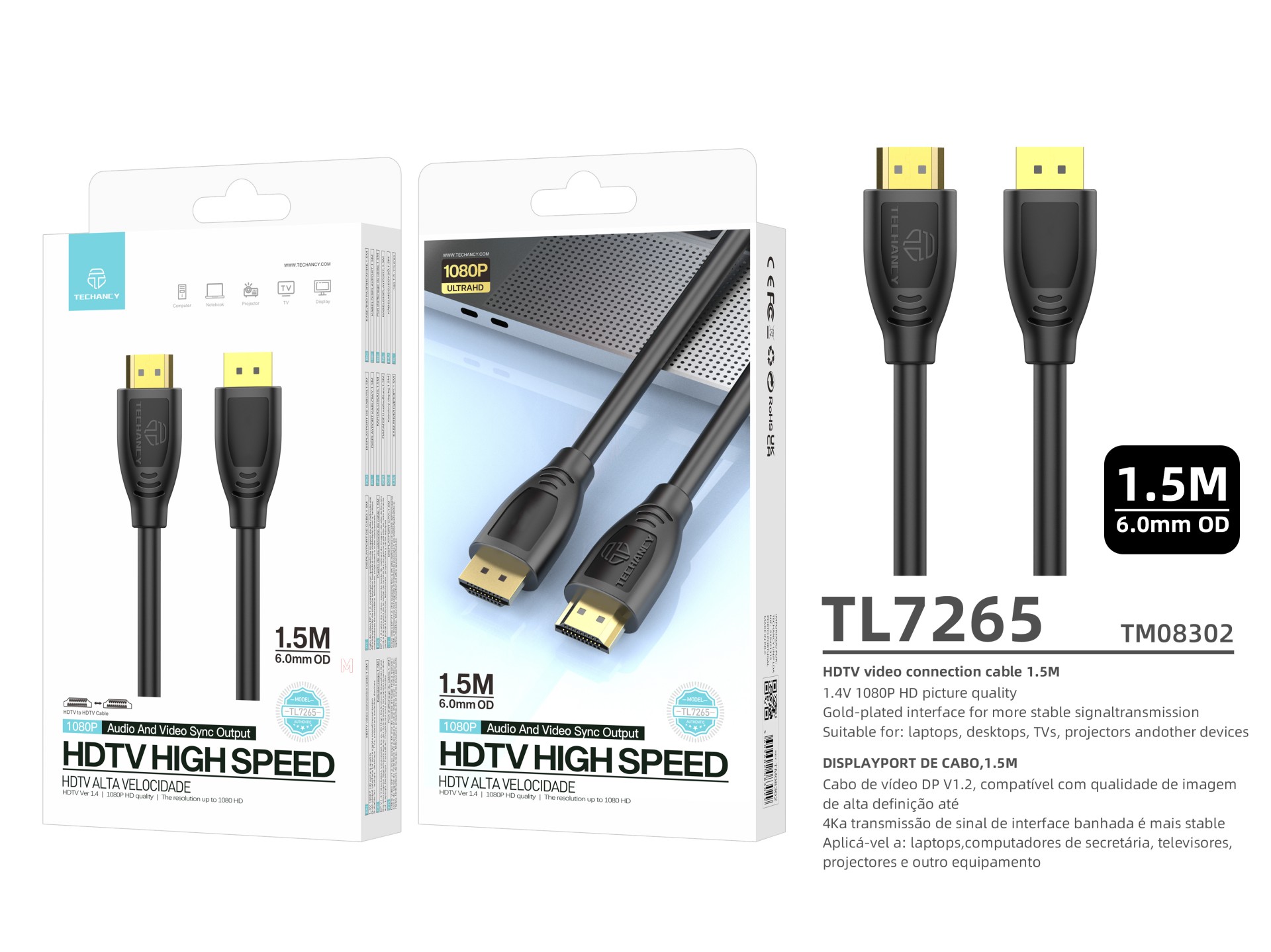 Techancy TL7265 Cavo HDMI ad alta velocità 1,5M 1080P per TV, computer, proiettore e console Techancy TL7265 Cavo HDMI ad alta velocità 1,5M 1080P per TV, computer, proiettore e console