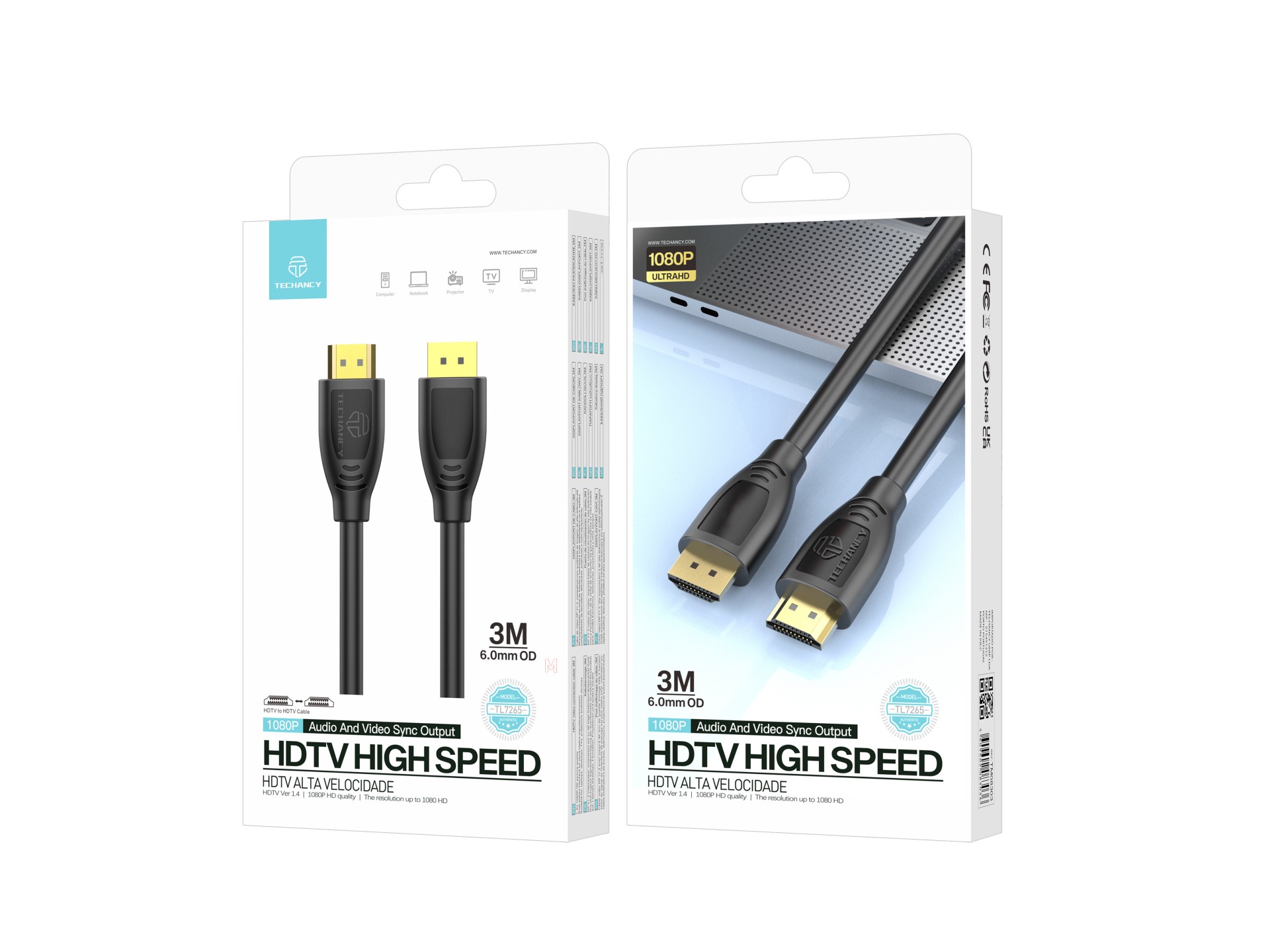 Techancy TL7265 Cavo HDMI ad alta velocità 1080P 3M per TV, computer, proiettore e console Techancy TL7265 Cavo HDMI ad alta velocità 1080P 3M per TV, computer, proiettore e console