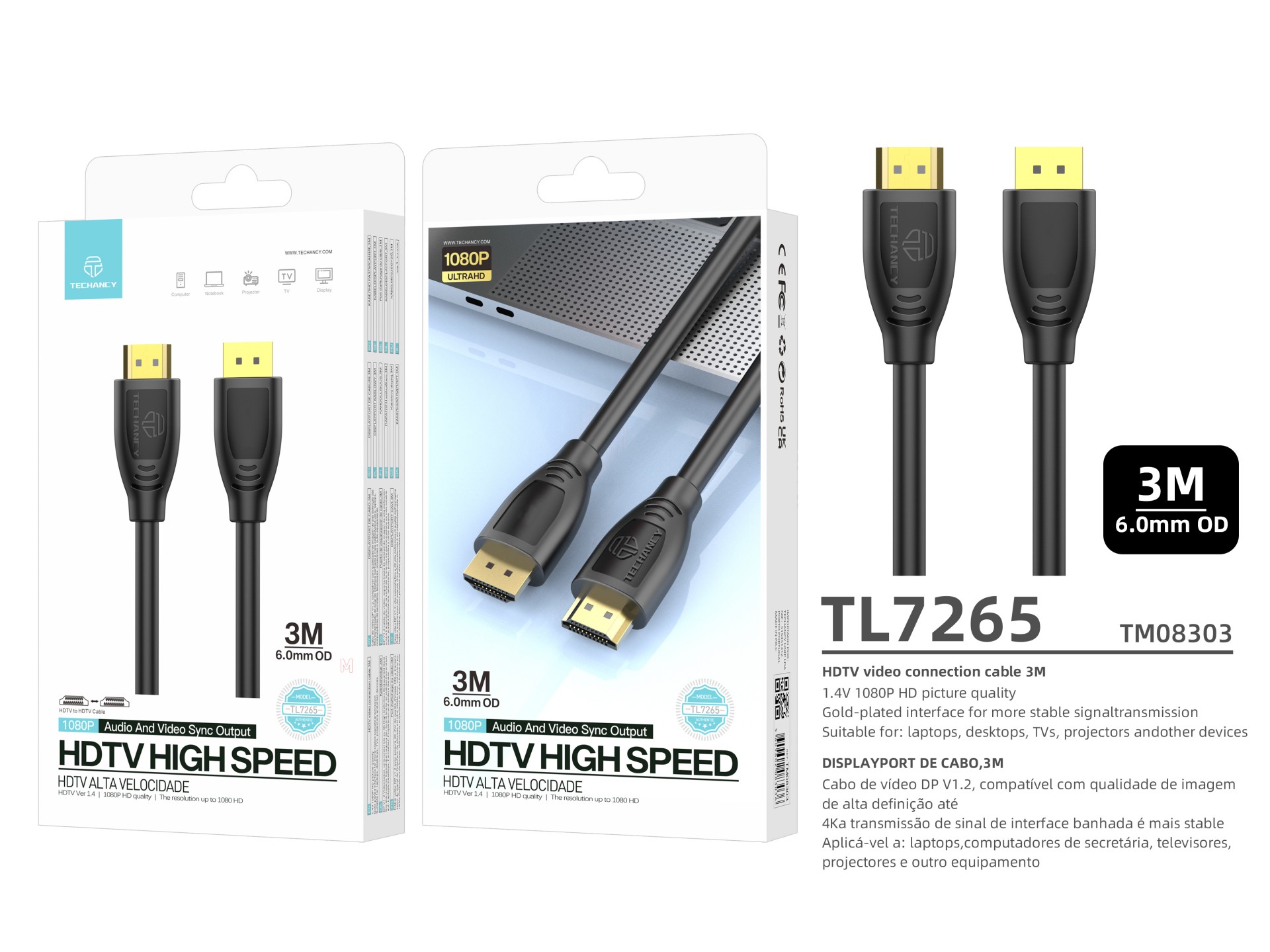 Techancy TL7265 Cavo HDMI ad alta velocità 1080P 3M per TV, computer, proiettore e console Techancy TL7265 Cavo HDMI ad alta velocità 1080P 3M per TV, computer, proiettore e console