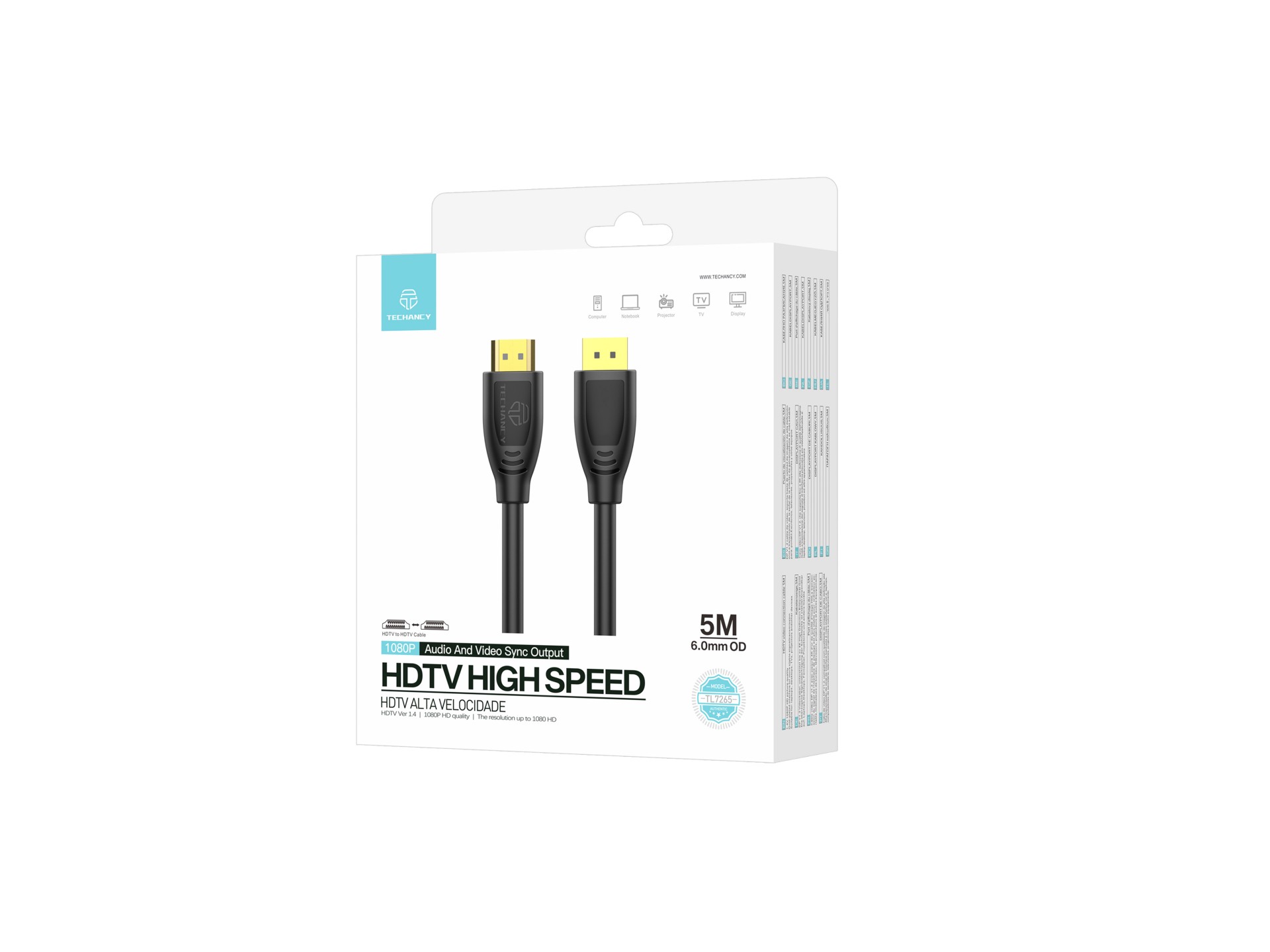 Techancy TL7265 Cabo HDMI Alta Velocidade 5M 1080P para TV, Computador, Projetor e Consolas Techancy TL7265 Cabo HDMI Alta Velocidade 5M 1080P para TV, Computador, Projetor e Consolas