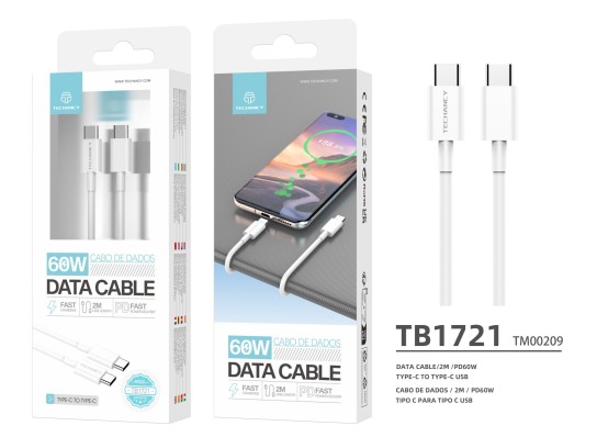 Techancy Data Cable Usb C To Usb C Pd 60W 2M Tpe White
