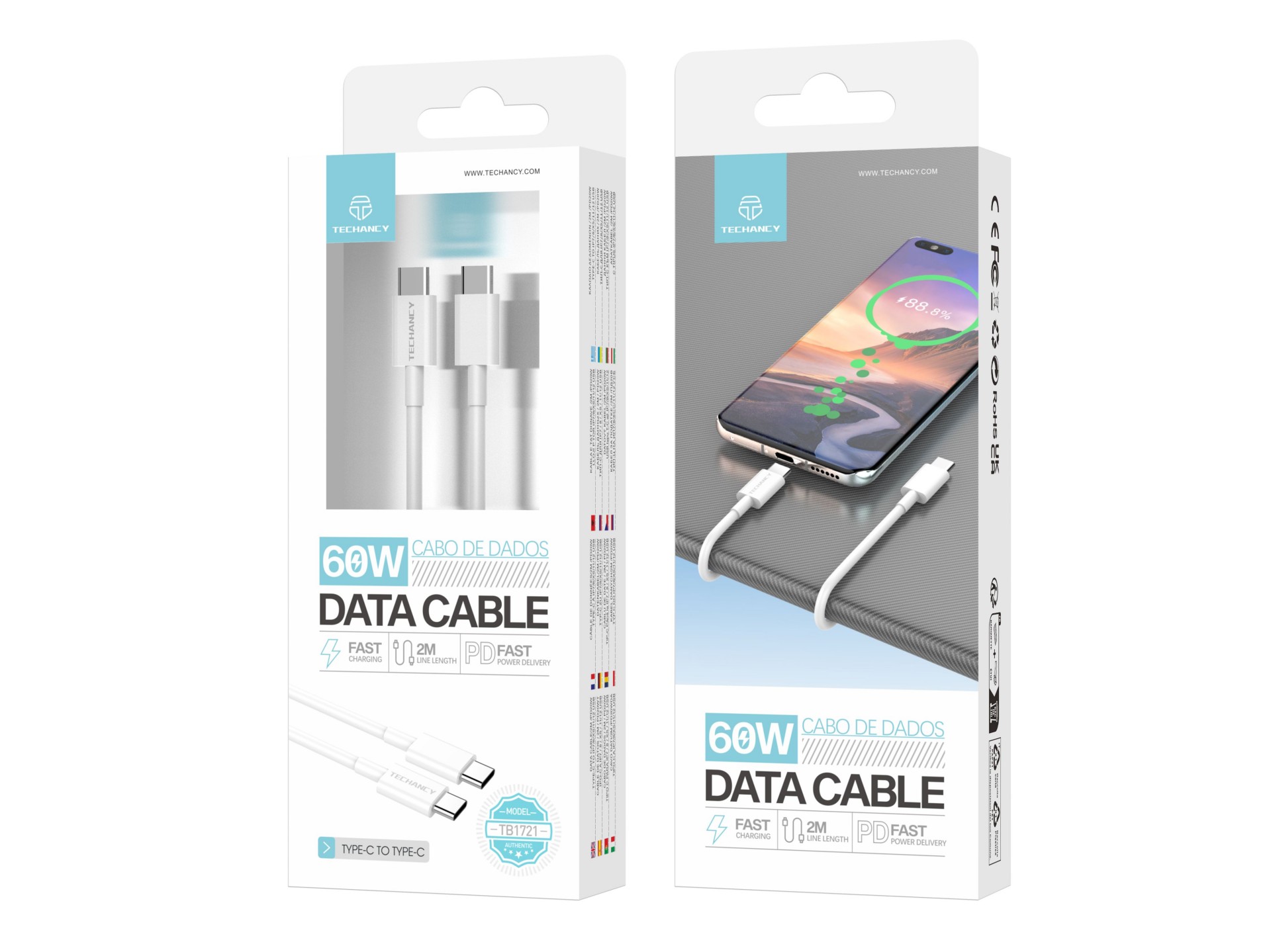Techancy Data Cable Usb C To Usb C Pd 60W 2M Tpe White