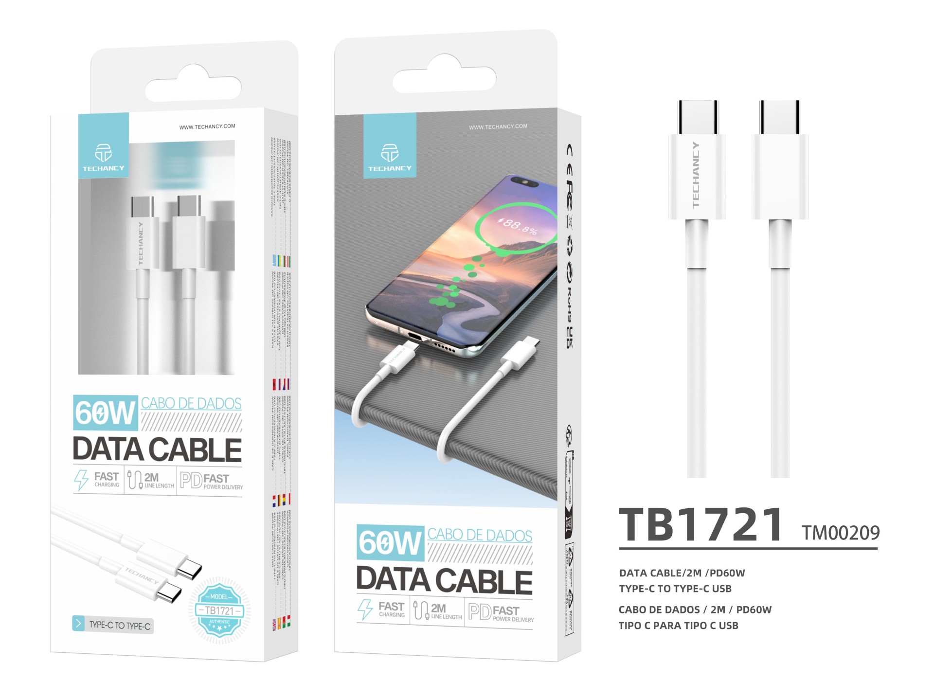 Techancy Data Cable Usb C To Usb C Pd 60W 2M Tpe White