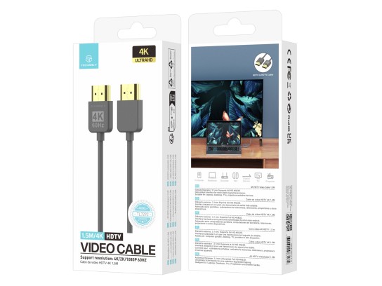 Techancy 4K HDMI video cable TL7292 , 1.5m, grey, supports 4K@60Hz, ideal for computers, TVs and pro Techancy 4K HDMI video cable TL7292 , 1.5m, grey, supports 4K@60Hz, ideal for computers, TVs and pro
