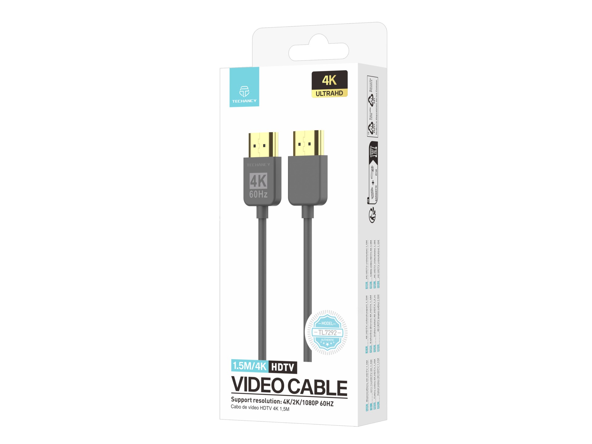 Techancy 4K HDMI video cable TL7292 , 1.5m, grey, supports 4K@60Hz, ideal for computers, TVs and pro Techancy 4K HDMI video cable TL7292 , 1.5m, grey, supports 4K@60Hz, ideal for computers, TVs and pro