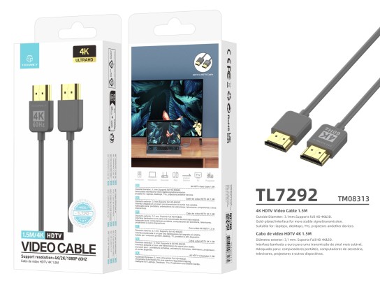 Techancy 4K HDMI video cable TL7292 , 1.5m, grey, supports 4K@60Hz, ideal for computers, TVs and pro Techancy 4K HDMI video cable TL7292 , 1.5m, grey, supports 4K@60Hz, ideal for computers, TVs and pro
