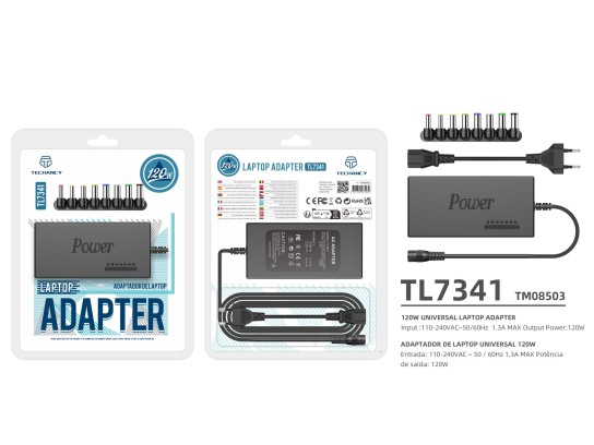 Techancy Adaptador Universal Port�til 120W TL7341 Negro, Entrada 110-240V, Salida 120W, con M�ltiple