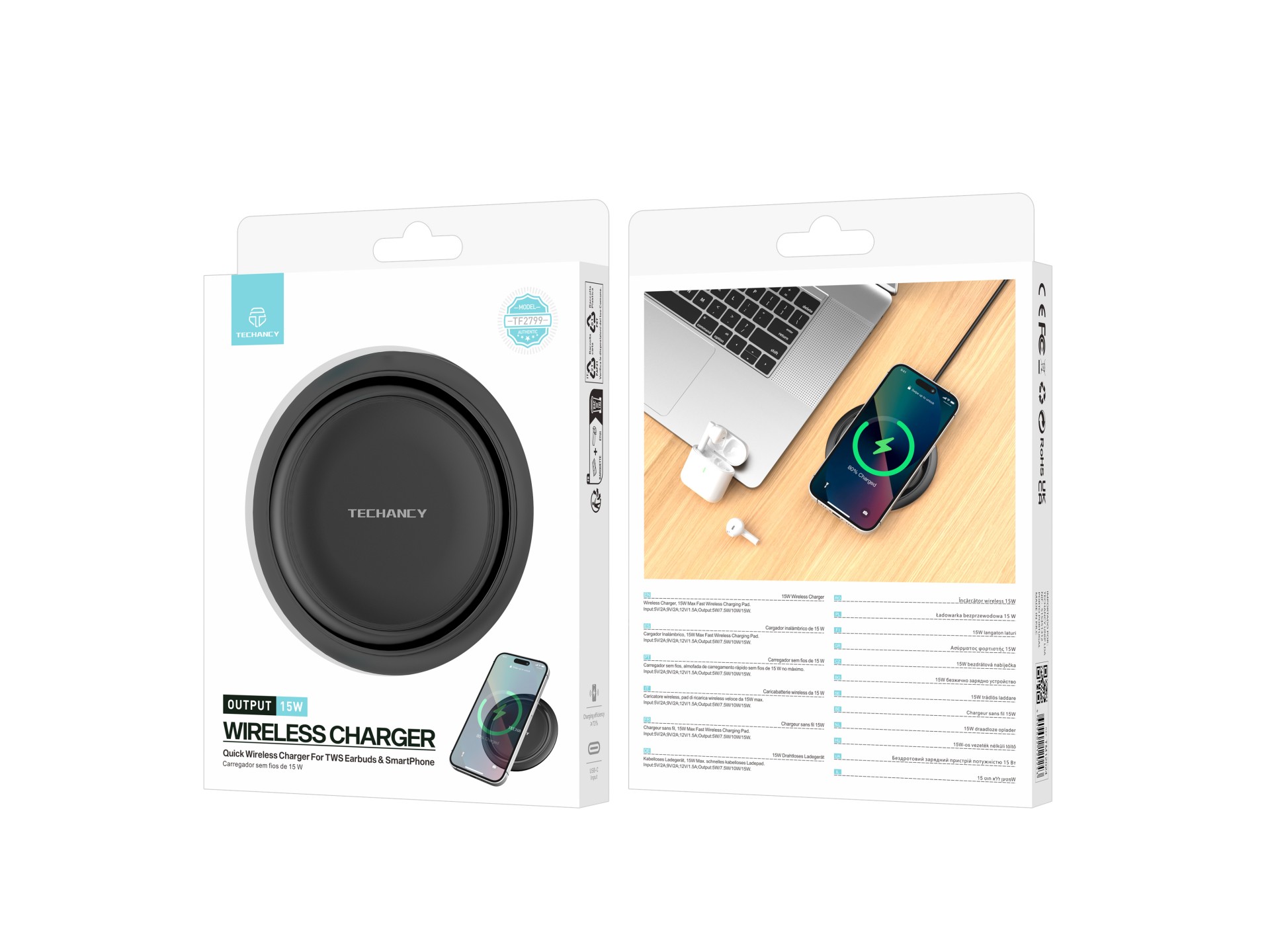 Techancy Wireless Charger 15W TF2799, compatibile con varie marche di smartphone, ricarica veloce e 