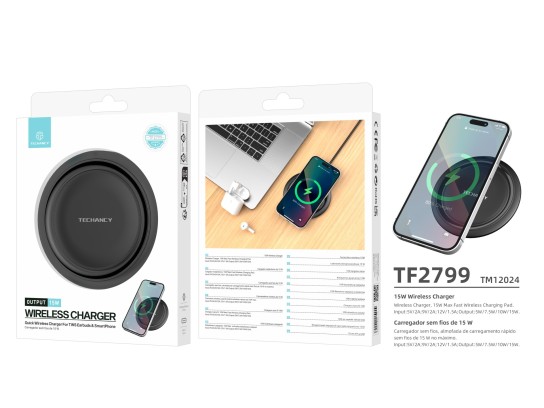 Techancy Wireless Charger 15W TF2799, compatibile con varie marche di smartphone, ricarica veloce e 