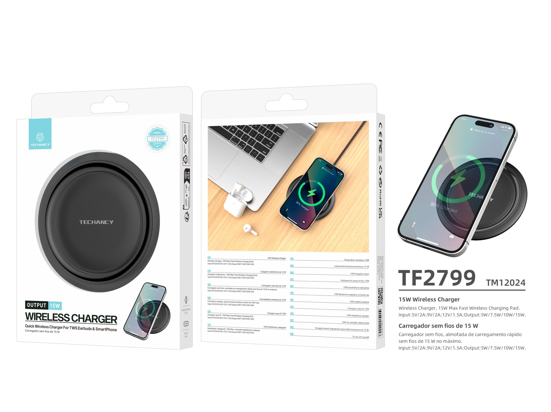 Techancy Wireless Charger 15W TF2799, compatibile con varie marche di smartphone, ricarica veloce e 