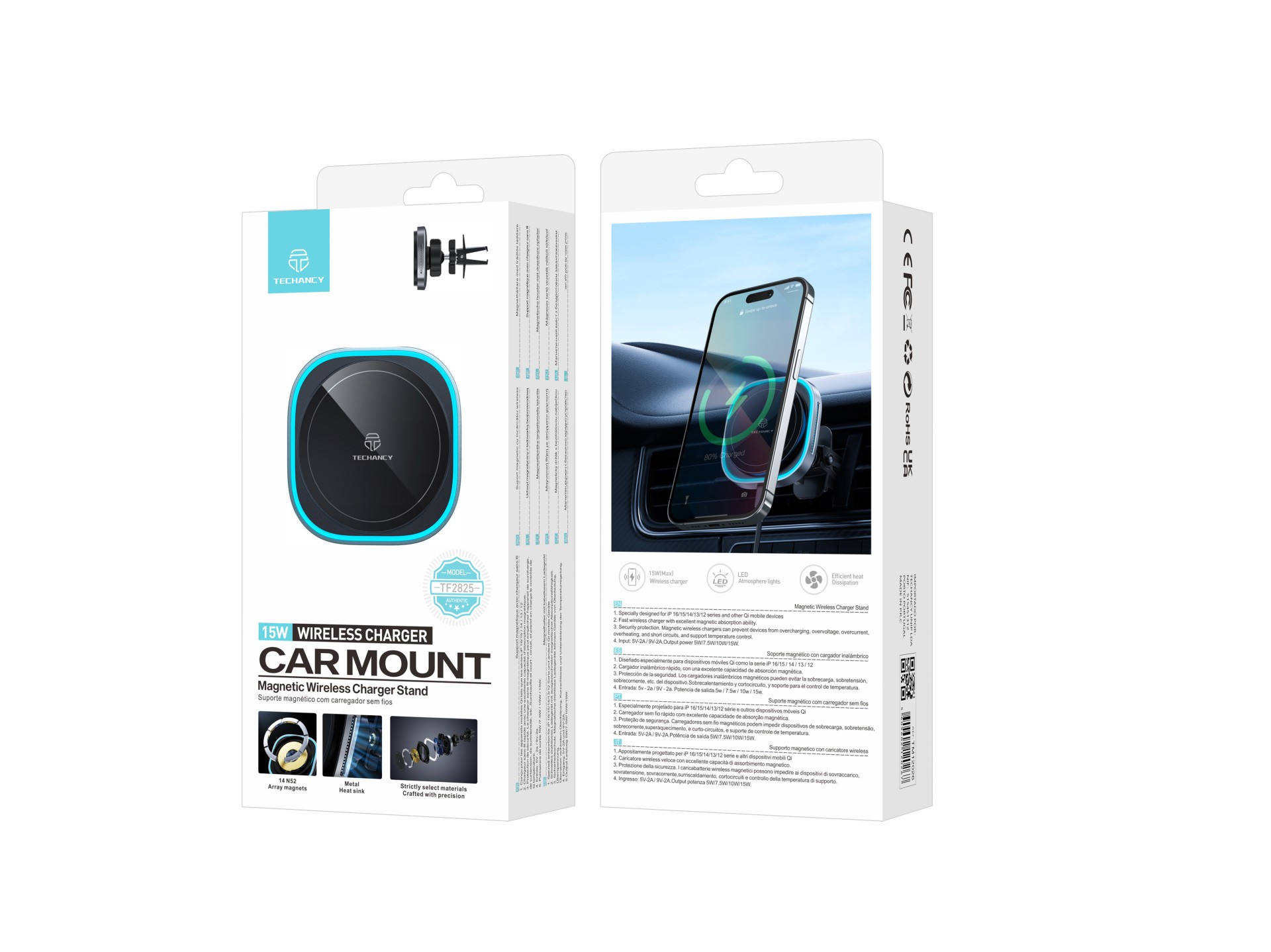 Techancy Magnetic Holder TF2825, 15W wireless charger, MagSafe compatible, LED, fast charging
