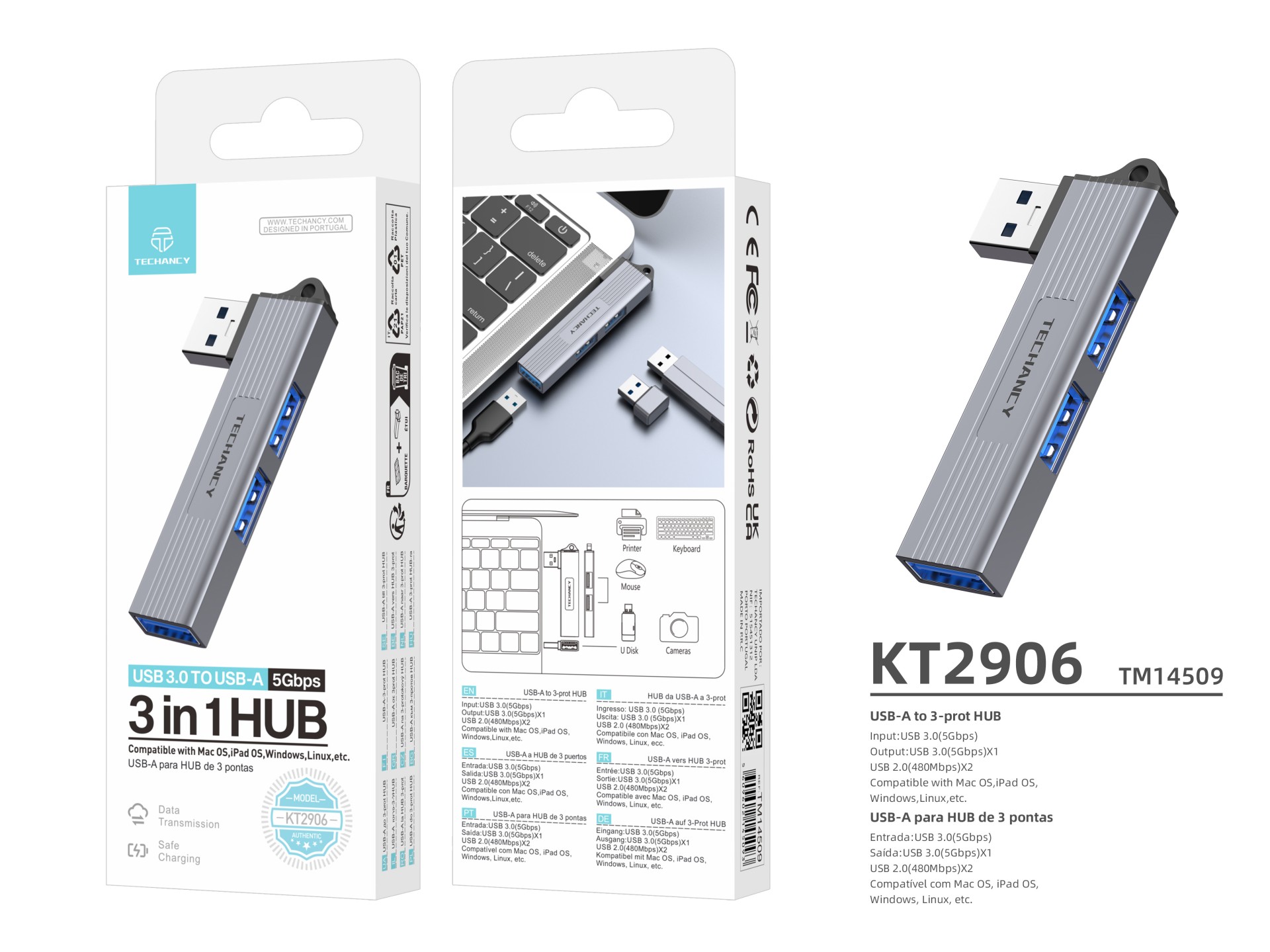 Techancy Hub 3-in-1 USB-A zu USB 3.0 KT2906, kompatibel mit Mac OS/iPad OS/Windows, 5 Gbps Übertragu Techancy Hub 3-in-1 USB-A zu USB 3.0 KT2906, kompatibel mit Mac OS/iPad OS/Windows, 5 Gbps Übertragu