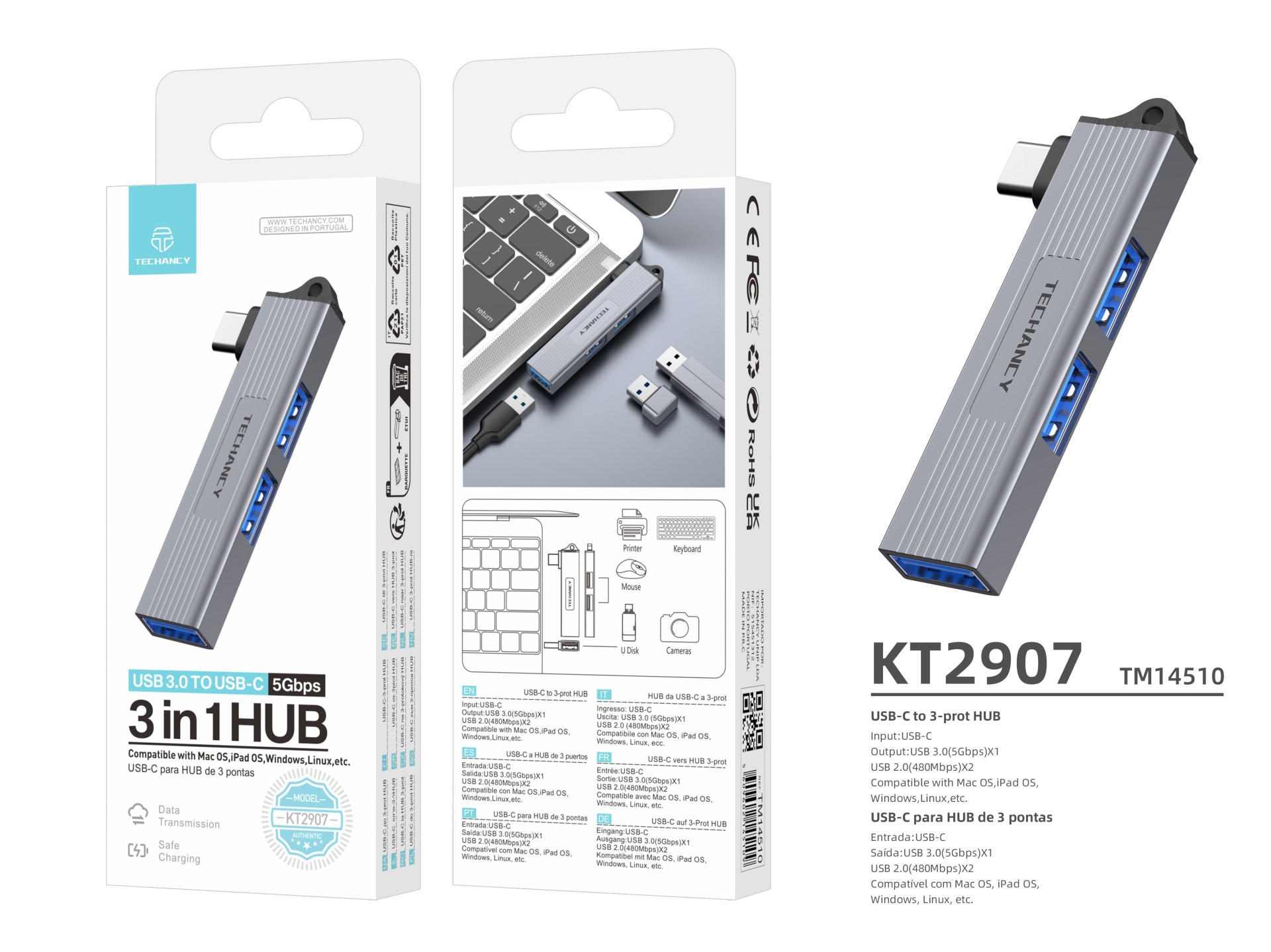 Techancy Hub USB-C zu 3 USB 3.0-Anschlüssen KT2907, kompatibel mit Mac OS, Windows und Linux, 5 Gbps Techancy Hub USB-C zu 3 USB 3.0-Anschlüssen KT2907, kompatibel mit Mac OS, Windows und Linux, 5 Gbps