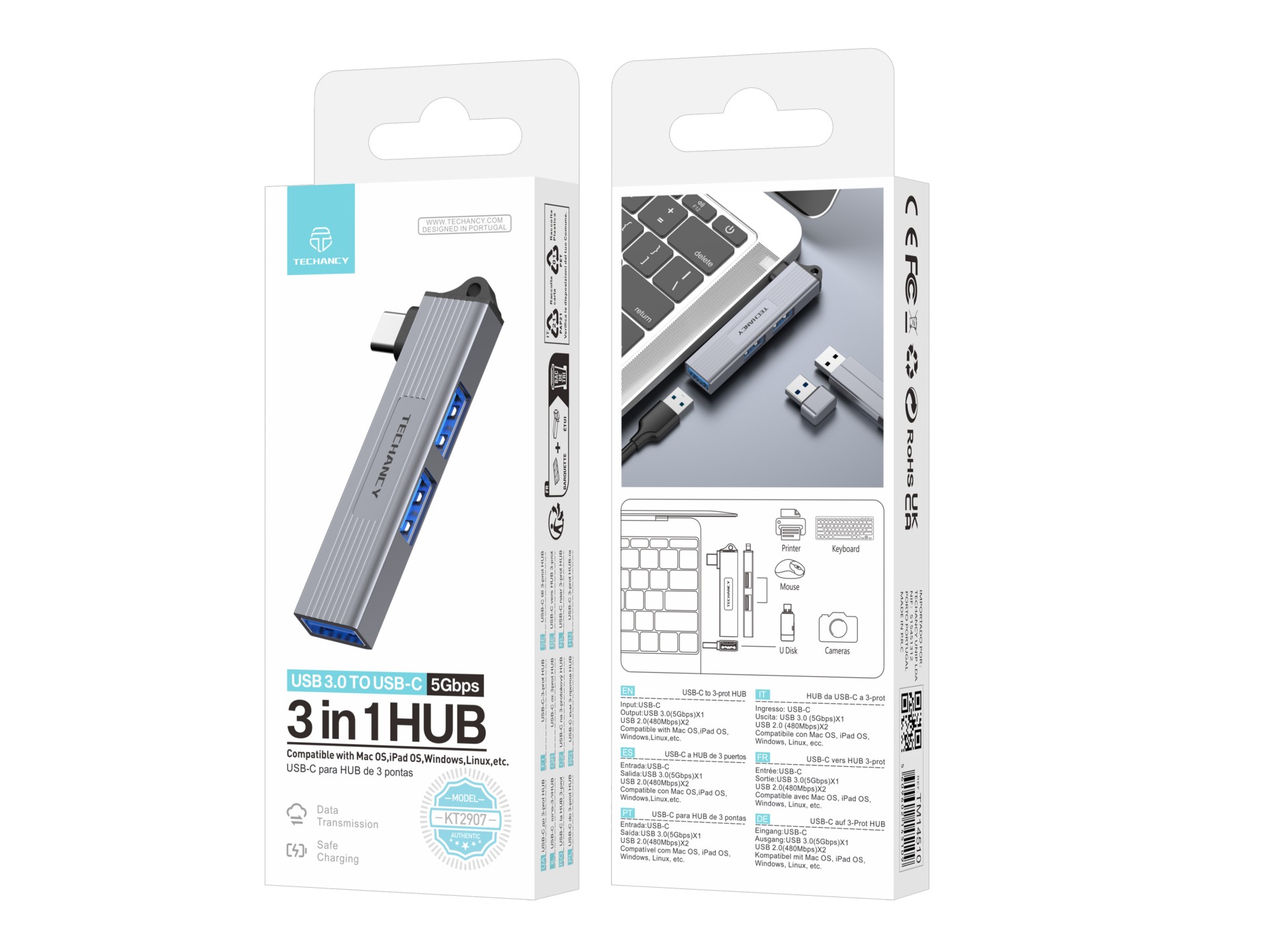 Techancy Hub USB-C zu 3 USB 3.0-Anschlüssen KT2907, kompatibel mit Mac OS, Windows und Linux, 5 Gbps Techancy Hub USB-C zu 3 USB 3.0-Anschlüssen KT2907, kompatibel mit Mac OS, Windows und Linux, 5 Gbps