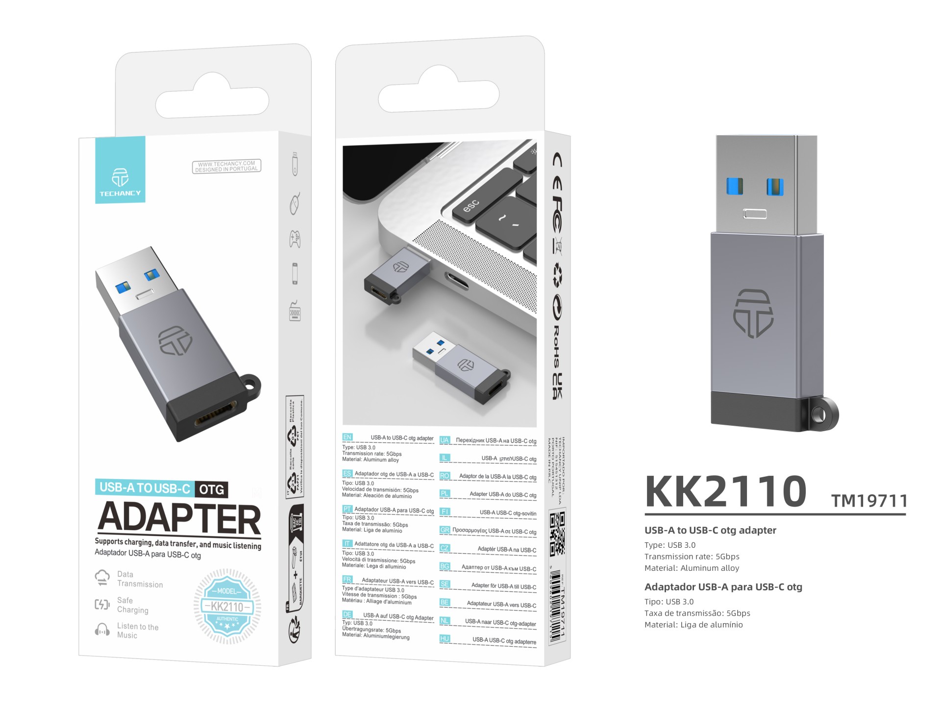 Techancy USB-A to USB-C OTG adapter KK2110 , aluminium alloy, supports data transfer, charging Techancy USB-A to USB-C OTG adapter KK2110 , aluminium alloy, supports data transfer, charging