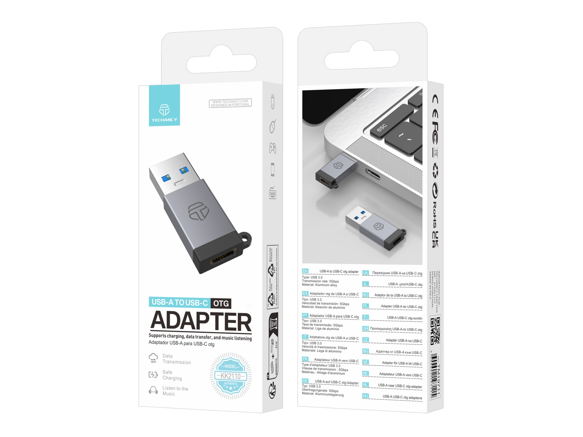 Techancy USB-A to USB-C OTG adapter KK2110 , aluminium alloy, supports data transfer, charging Techancy USB-A to USB-C OTG adapter KK2110 , aluminium alloy, supports data transfer, charging